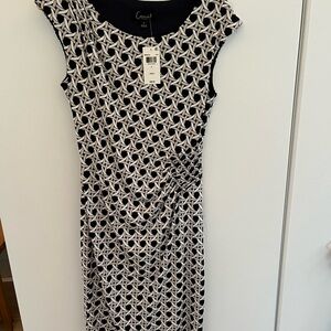Connected Apparel Navy Tan and White Patterned Knee Length Dress